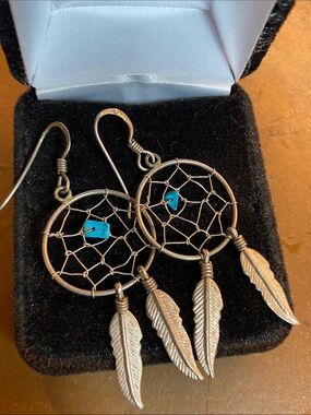 Sterling Silver 925 Dreamcatcher Turquoise Feather Dangle Earrings